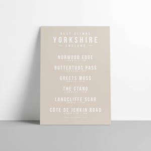 May include: A beige poster with white text listing the best climbs in Yorkshire, England. The climbs listed are Norwood Edge, Buttertubs Pass, Greets Moss, The Stang, Langcliffe Scar, and Côte de Jenkin Road.