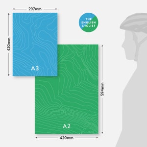 Peut inclure: Deux formats de papier, A2 et A3, sont repr&eacute;sent&eacute;s avec leurs dimensions. Le format A2 mesure 594 mm sur 420 mm et le format A3 mesure 420 mm sur 297 mm. Le papier est de couleur bleu clair et vert avec un motif de carte topographique.
