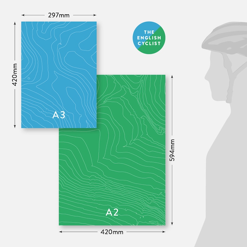 Peut inclure: Deux formats de papier, A2 et A3, sont repr&eacute;sent&eacute;s avec leurs dimensions. Le format A2 mesure 594 mm sur 420 mm et le format A3 mesure 420 mm sur 297 mm. Le papier est de couleur bleu clair et vert avec un motif de carte topographique.
