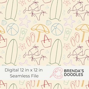 May include: A seamless digital file with a beach theme. The pattern includes outlines of surfboards, swimsuits, beach balls, umbrellas, flip-flops, starfish, and tote bags in various colours on a cream background. The file size is 30.48 cm x 30.48 cm.