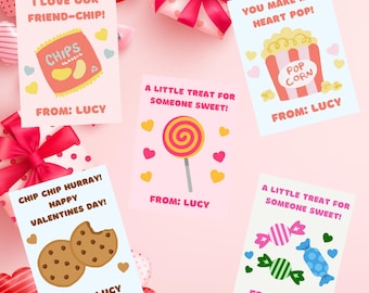 Snack & Candy Valentine Cards | Classroom Valentine Treat Tags | Printable Kids Valentines | Non Candy Friendly | Editable Canva Template