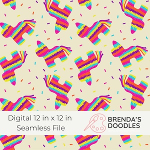 May include: A digital seamless file with a repeating pattern of vibrant piñatas. The piñatas are in shades of pink, orange, yellow, purple, and blue, with confetti on a cream background. The file size is 30.48 cm x 30.48 cm.