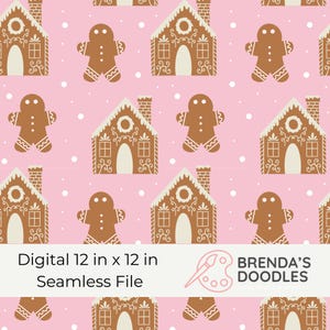 May include: A digital seamless file featuring a repeating pattern of gingerbread houses and gingerbread men on a pink background. The gingerbread houses have white accents and chimneys. The text "Digital 12 in x 12 in Seamless File" is displayed.