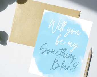 Könnte beinhalten: Ein hellblauer Aquarellhintergrund mit weißem Text, der "Willst du mein etwas Blaues sein?" lautet.