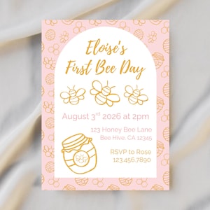 First Bee Day Birthday Invitation Template | Honey Bee Birthday Invite | Editable Canva Invitation