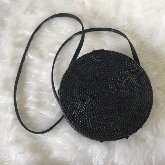 Plain Black Handwoven Round Rattan Bag button Clip Closure - Etsy