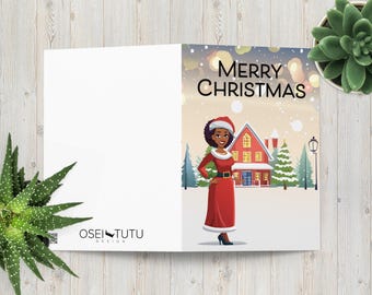 Black Santa Christmas Holidays Card, Ethnic Greetings Card, Sister Santa for Xmas
