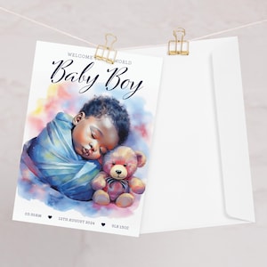Tarjeta personalizada para bebé recién nacido de raza negra / Tarjeta de bienvenida al mundo para el pequeño rey / Tarjeta para bebé recién nacido para pareja de raza negra o mixta
