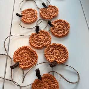 May include: A handmade garland of crocheted pumpkins in shades of orange, with dark brown stems. The pumpkins are strung together with a natural twine, creating a rustic and autumnal decorative piece.