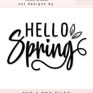 May include: Black and white text graphic that says "HELLO Spring" with a small heart and leaves. The text is in a handwritten style.