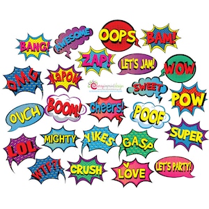 May include: A collection of colorful comic book-style speech bubbles with various exclamations like "BANG!", "WOW!", and "ZAP!". Each bubble has a unique shape and color scheme, with bold text and halftone patterns.