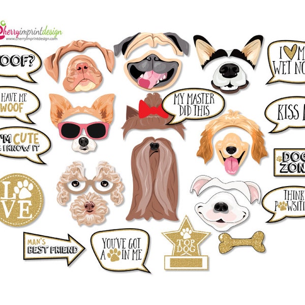 29 Funny Dog Photo Booth Props - Puppy Photo Props - Gold Glitter INSTANT DOWNLOAD - DIY Printable (Pdf)