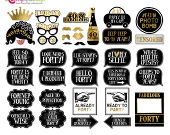 36 Funny Forty Gold Foil and Black Birthday Party Photo Booth Props - INSTANT DOWNLOAD - DIY Printable