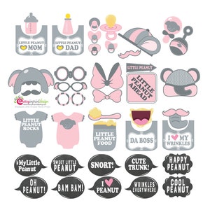 40 Adorable Elephant Girl Little Peanut Baby Shower Birthday Photo Booth Props - Pink and Gray - INSTANT DOWNLOAD DIY (Pdf)
