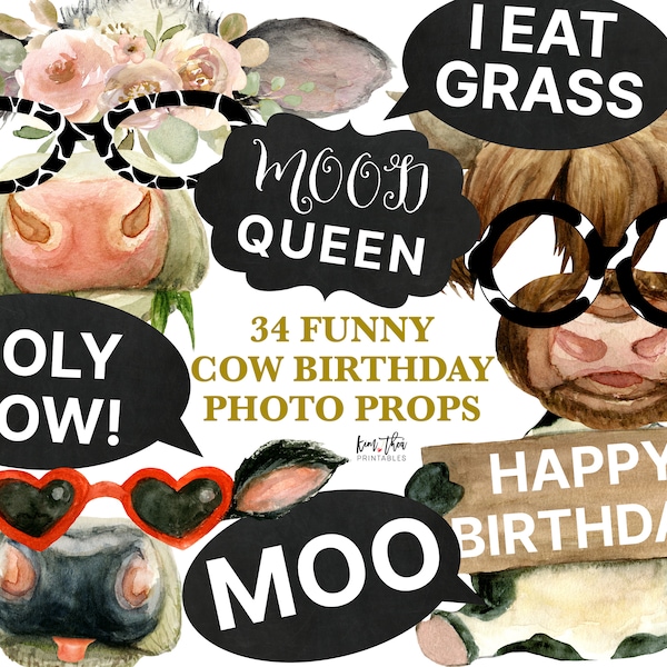 34 Cow Birthday Photo Props | Holy Cow First Birthday Photo Props | Animal Photo Props High-Res JPEG