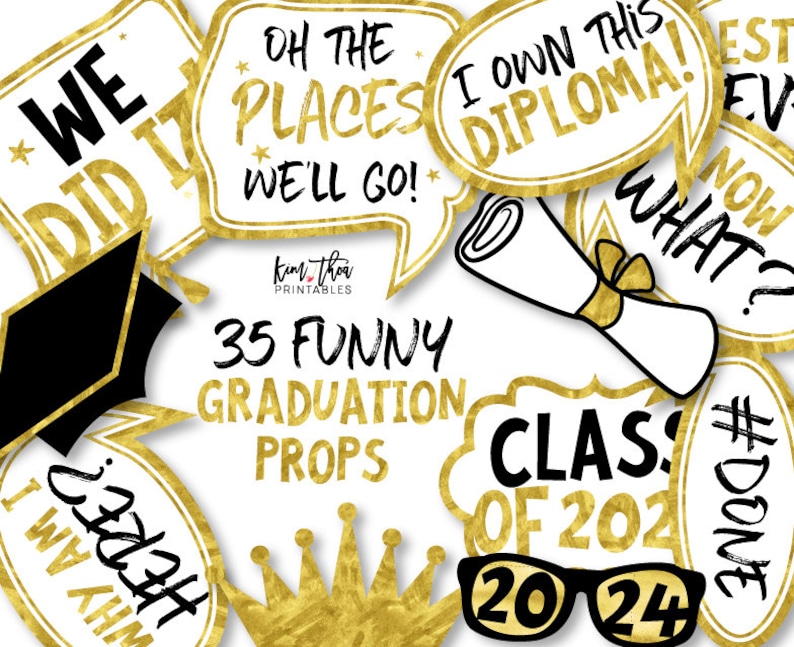 May include: A set of 35 gold and black graduation photo booth props with text such as "We Did It!" and "Class of 2024".