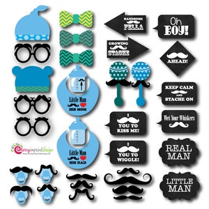 May include: A set of 16 printable photo booth props for a baby shower. The props feature a blue and green colour scheme with various designs including moustaches, glasses, bow ties, and speech bubbles with text such as "Handsome Fella", "Growing Stache", "Oh Boy!" and "Little Man".
