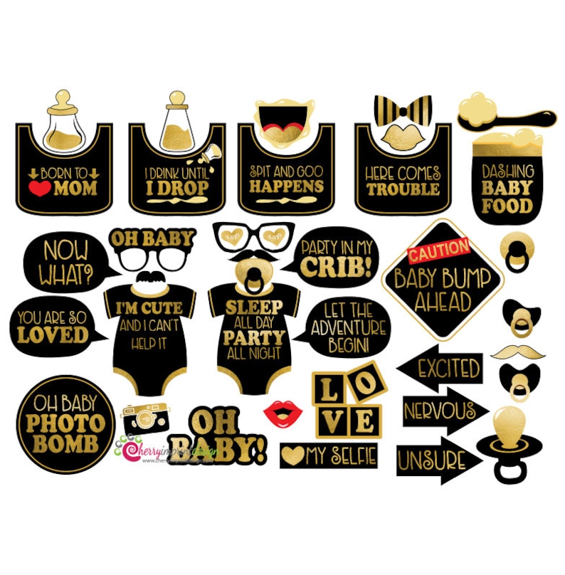 37 Funny Baby Shower Photo Booth Props Gold and Black Themed Baby Shower Gender Neutral INSTANT DOWNLOAD DIY Printable High-Res Jpeg image 1