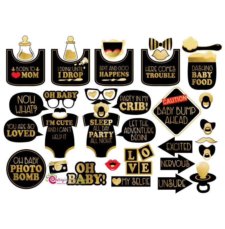 37 Funny Baby Shower Photo Booth Props Gold and Black Themed Etsy