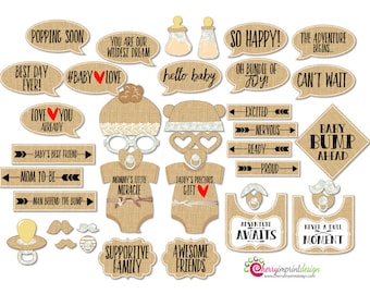 42 Rustic Baby Shower Photo Booth Props - Burlap Lace Baby Shower Props - INSTANT DOWNLOAD - DIY Printable (High-Res Jpeg)