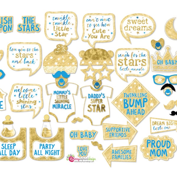 37 Twinkle Twinkle Little Star Baby Shower Photo Booth Props Boy - INSTANT DOWNLOAD - DIY Printable (Jpeg)