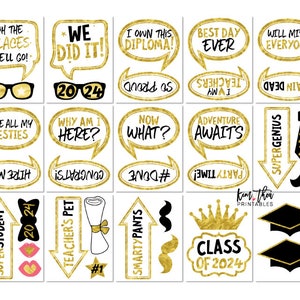 May include: A set of 16 gold and black graduation party photo booth props. The props include speech bubbles with graduation-themed text, a graduation cap, a mustache, a bow tie, and a diploma. The props are perfect for adding a fun and festive touch to your graduation party.