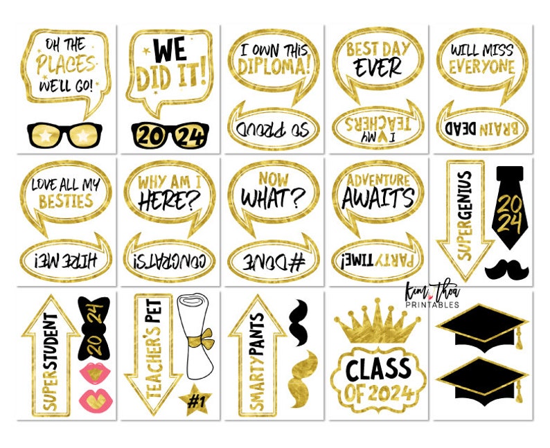 May include: A set of 16 gold and black graduation party photo booth props. The props include speech bubbles with graduation-themed text, a graduation cap, a mustache, a bow tie, and a diploma. The props are perfect for adding a fun and festive touch to your graduation party.