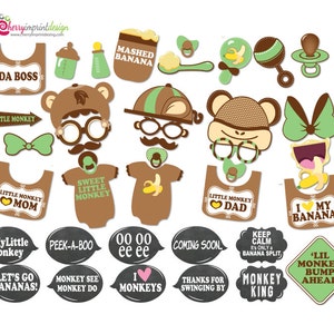 May include: A set of 20 printable photo booth props for a baby shower. The props feature a monkey theme with brown, green, and yellow colors. The props include a variety of funny phrases and images, such as "Da Boss", "Little Monkey Mom", "I Love My Banana", and "Monkey King".