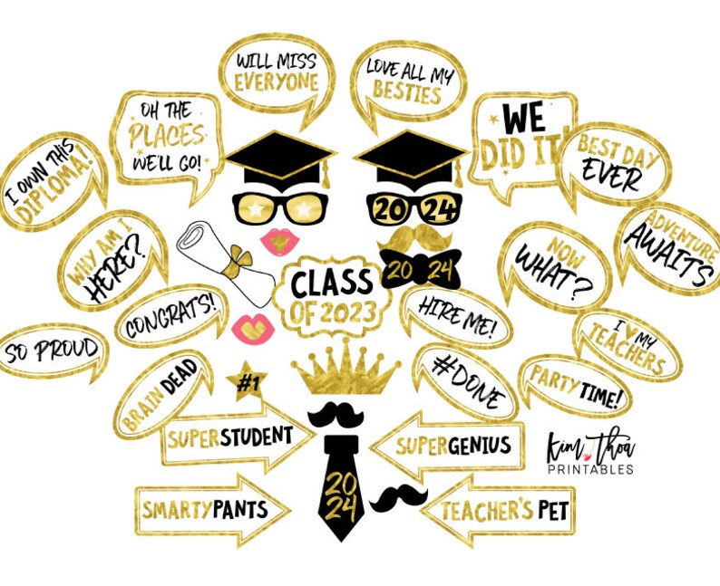 May include: A set of 20 graduation photo booth props with gold glitter accents. The props feature phrases like "Class of 2023", "We Did It", "Best Day Ever", and "Adventure Awaits".
