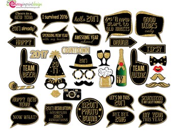 38 Funny 2017 New Year Countdown Photo Booth Props - Black and Gold Glitter - INSTANT DOWNLOAD - DIY Printable (Pdf and High-Res Jpeg)