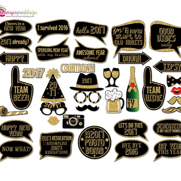 38 Funny 2017 New Year Countdown Photo Booth Props - Black and Gold Glitter - INSTANT DOWNLOAD - DIY Printable (Pdf and High-Res Jpeg)