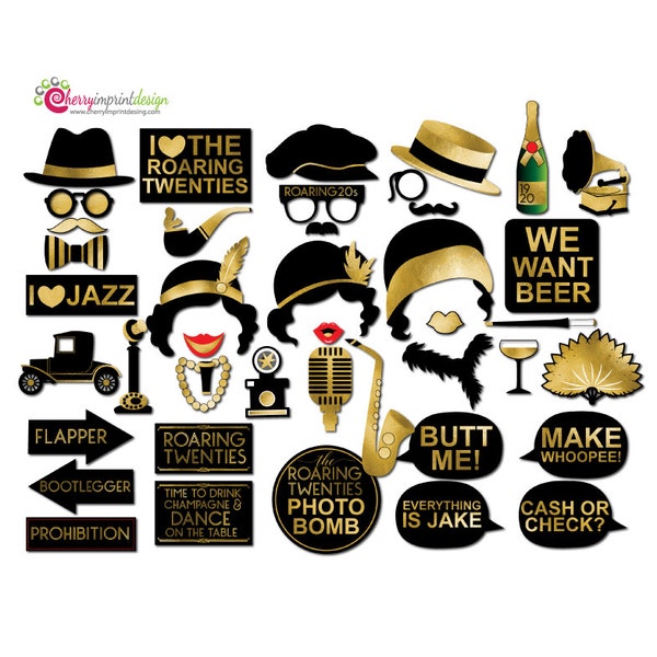 42 Funny Roaring Twenties Black Gold Foil Photo Booth Props - INSTANT DOWNLOAD - DIY Printable (High-Res Jpeg)