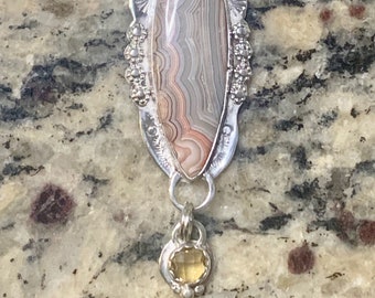 Crazy Lace Agate* + faceted Citrine dangle Silver Handstamped + Detailed Pendant