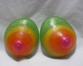 Juicy, boob shaped soap in fresh scents of lime, lemon, grapefruit, tangerine, bamboo and cyclamen