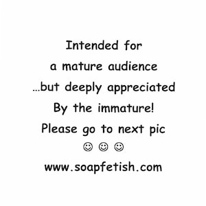 Pode incluir: Fundo branco com texto preto: "Destinado a um público adulto... mas profundamente apreciado pelos imaturos! Por favor, vá para a próxima foto www.soapfetish.com".