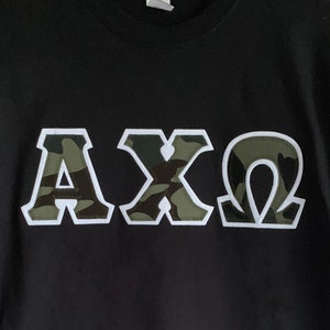 Camo Greek Lettered Stitched Shirt Fraternity Sorority Made to order