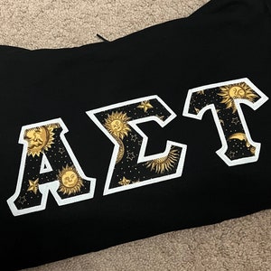 Sun, Moon, Stars Celestial Black Gold Greek Lettered Stitched Shirt Fraternity Sorority Made to order