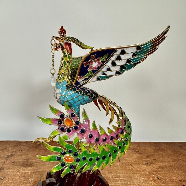 Vintage Cloisonné Phoenix Figurine Statue on Wood Base