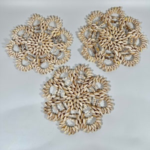 Vintage 70s Cowrie Shell Trivet Sea Shell Boho Beachcore Set of 3