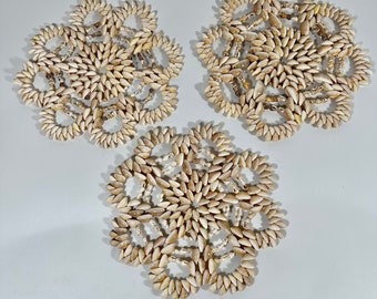 Vintage 70s Cowrie Shell Trivet Sea Shell Boho Beachcore Set of 3