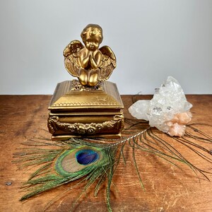 Vintage Gold Cherub Box Chalkware Gold Plaster Vanity Jewelry Box