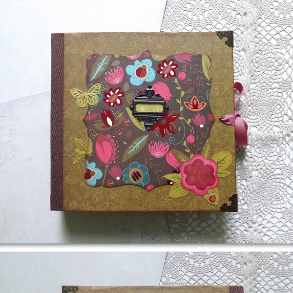 Baby shower scrapbook photo album, gift for the new mom. Paper bag journal with flowers and birds.