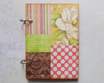 Small floral journal notebook. Pink, brown, green, with dots and stripes patchwork scrapbook, sketch pad.
