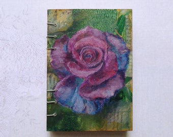 Pink-purple rose notebook, sketch book, journal with coptic stitch. Original acrylic painting on the cover.