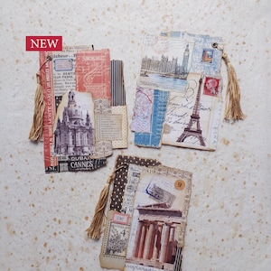Travel themed vintage style scrapbook bookmarks. Three book lovers scrapbook bookmarks.