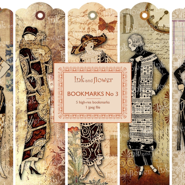 French Fashion of the '20s. Digital collage bookmarks No 3. Instant download, digital file of 5 bookmarks.
