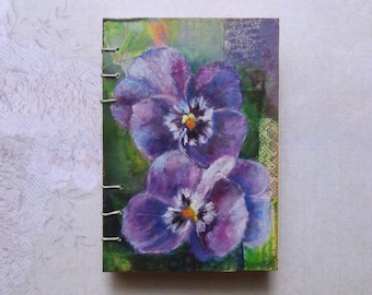 Painted pansies notebook, sketch book, journal with coptic stitch. Original acrylic painting on the cover.