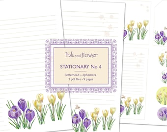 Digital printable stationary with painted crocus. Letterhead and ephemera. Instant download.