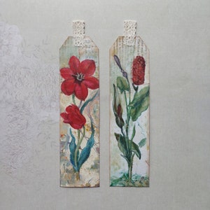 Painted flower bookmarks. Mixed media, collage and acrylic paint. Set of two.