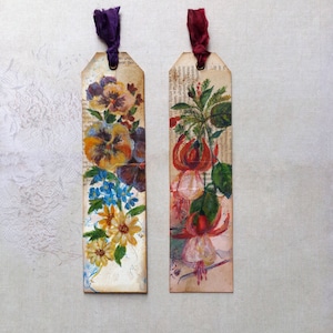 Painted floral bookmarks. Fuchsias and pansies. Set of two.